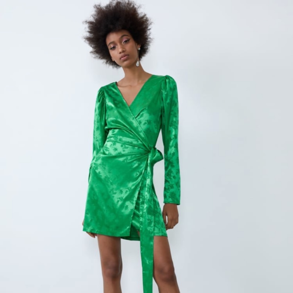 Zara Wrap Front Satin Effect Green Dress NWT